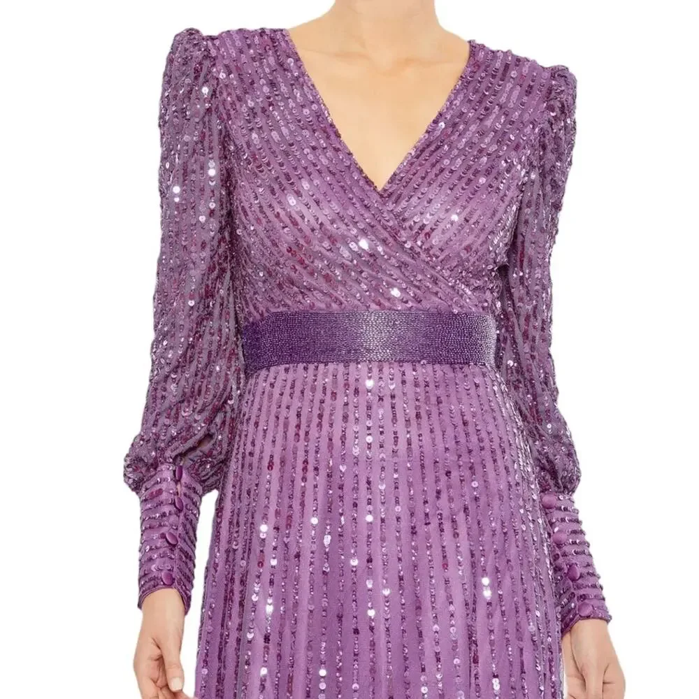 Mac Duggal Purple Sequined Wrap Over Bishop Sleeve Gown 5720 Women’s Sz 20